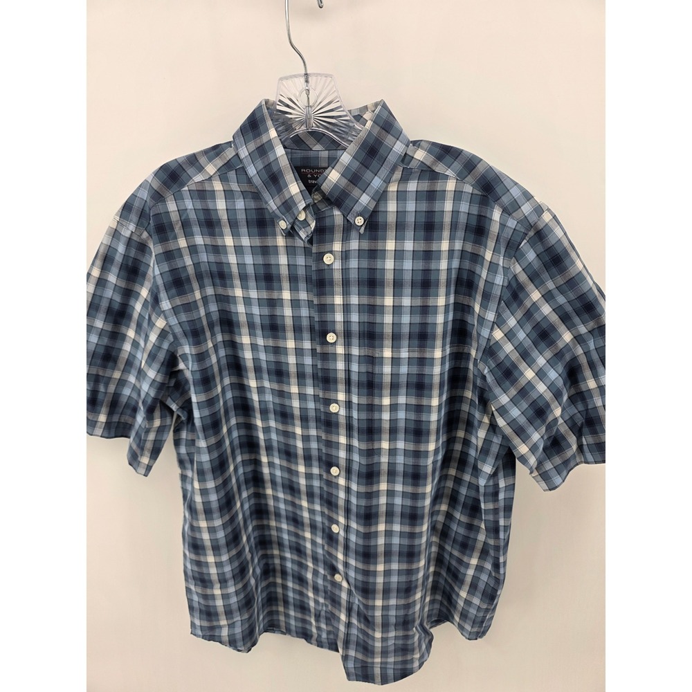 Roundtree & Yorke travelSMART Blue Plaid Short Sleeve Button Down Shirt Mens M